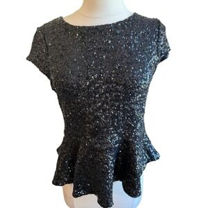 Bebe Womens Black Sequin Peplum Top Cap Sleeve Boat Neck Side Zip Small 60H3P106